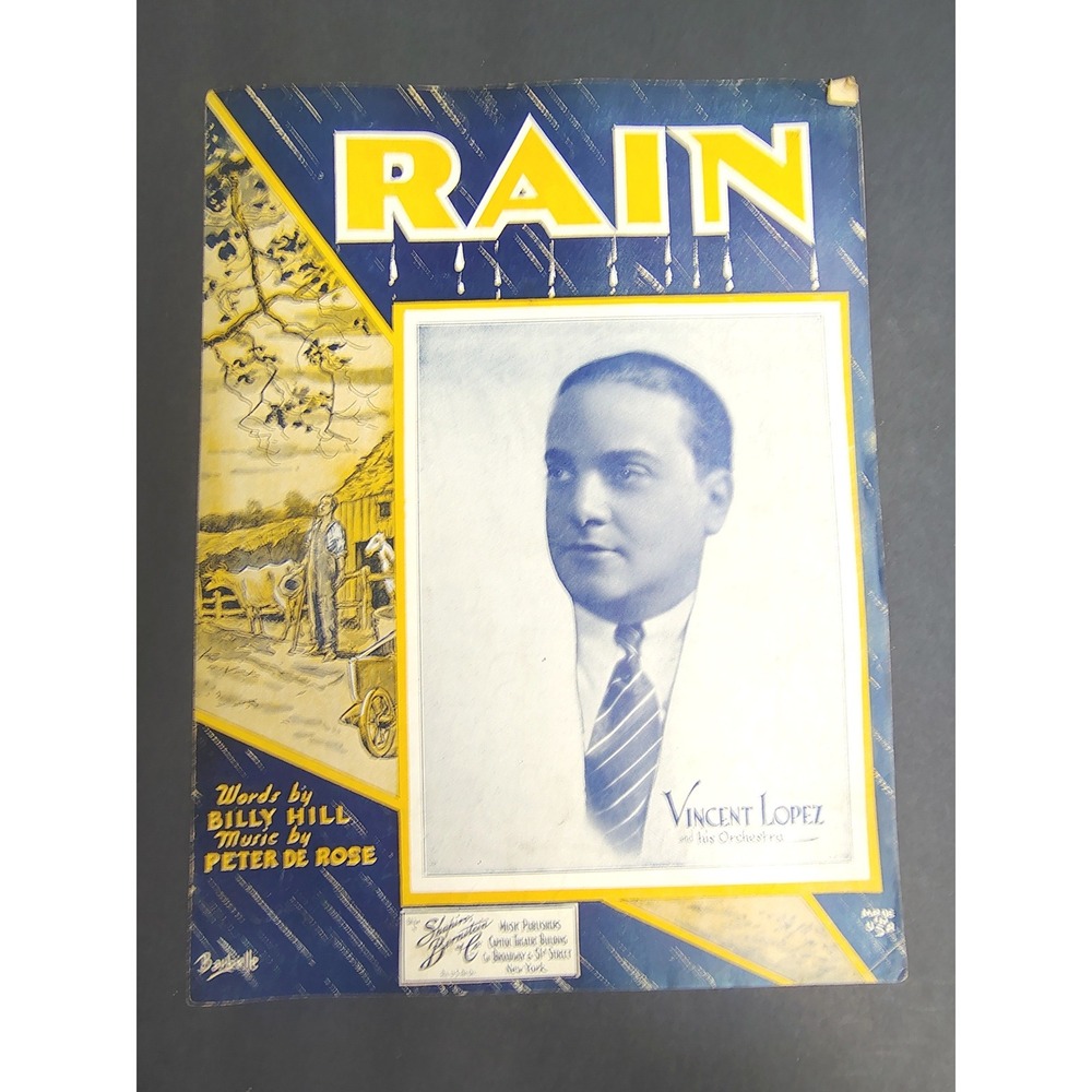 Rain 1934‎ Sheet Music Vincent Lopez Orchestra Farmer Cows Art Deco Billy Hill